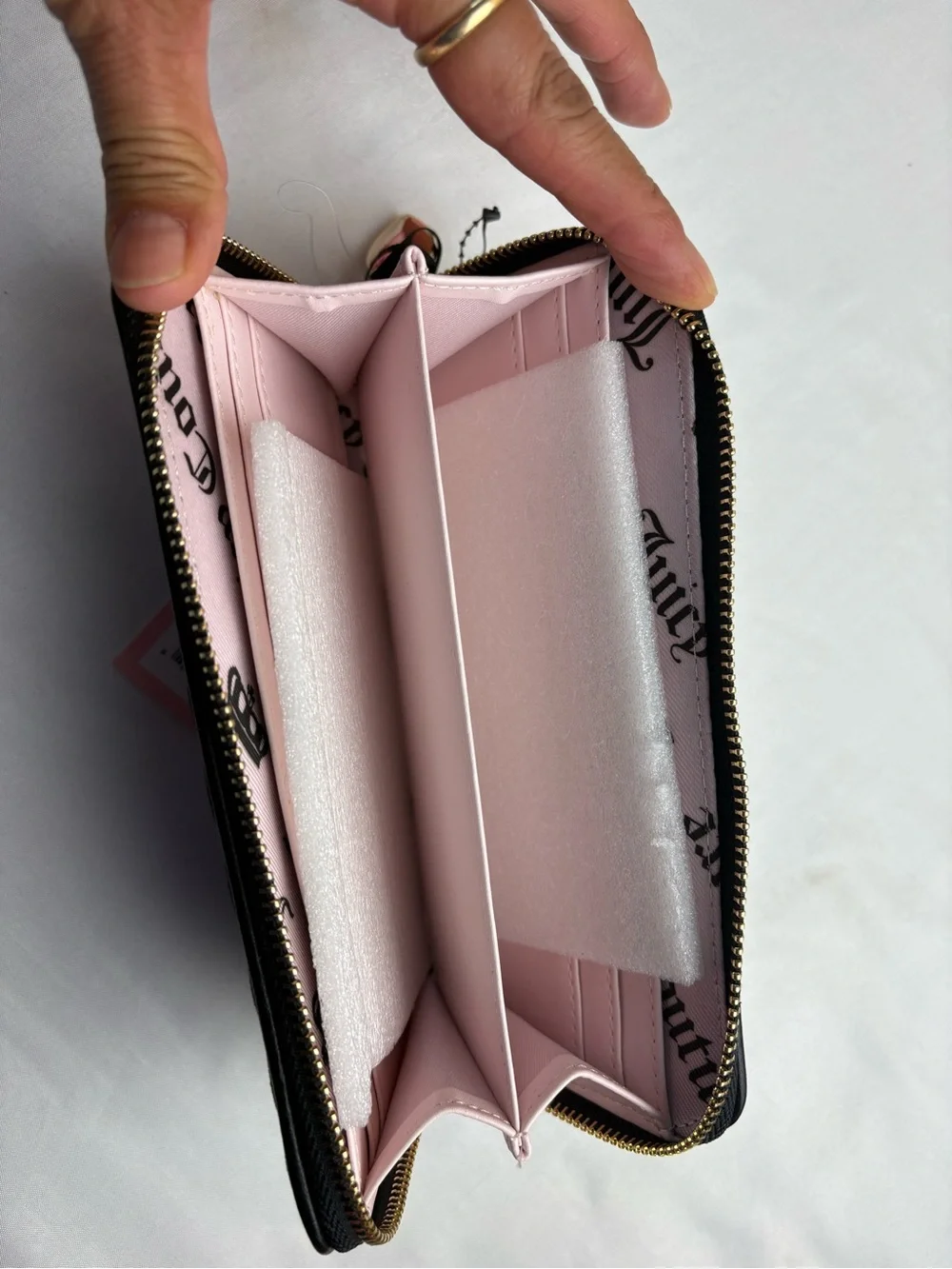 Juicy Couture Black Quilted Velvet Bow Zip Wallet with Heart Charm